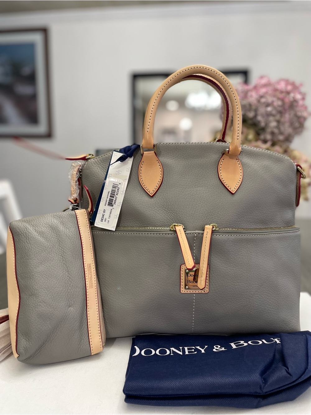 Dooney & Bourke Gray Leather Satchel with Tan Trim and Handles